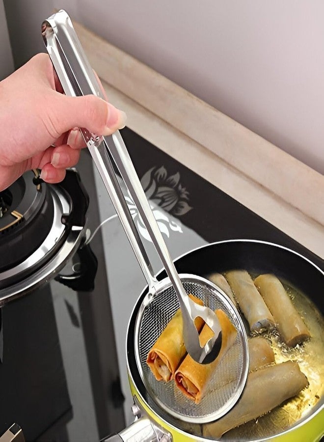Florisca Stainless Steel 2-in-1 Frying Filter Spoon with Clip - Cooking Mesh Strainer Tongs for Oil Drain, Fry, BBQ, and Kitchen Serving Tool - Image 1